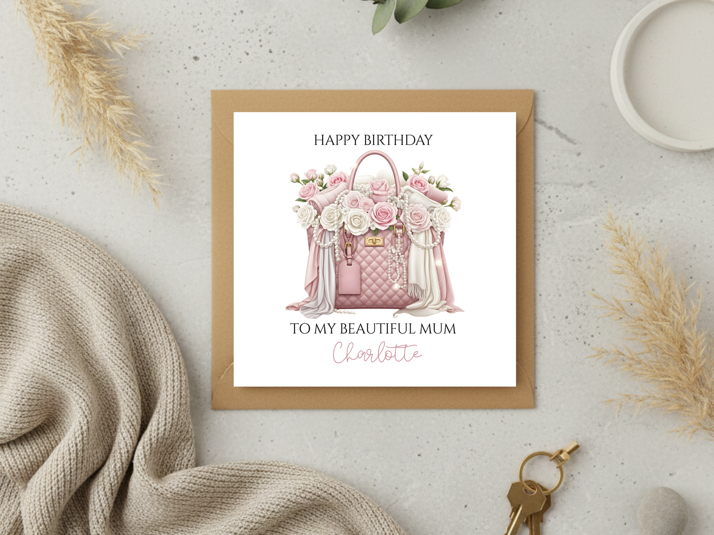 Personalised Birthday Card for Mum with Pink Designer Handbag and Roses - Elegant Luxury Happy Birthday Mum Card Custom Name Gift for Mother
