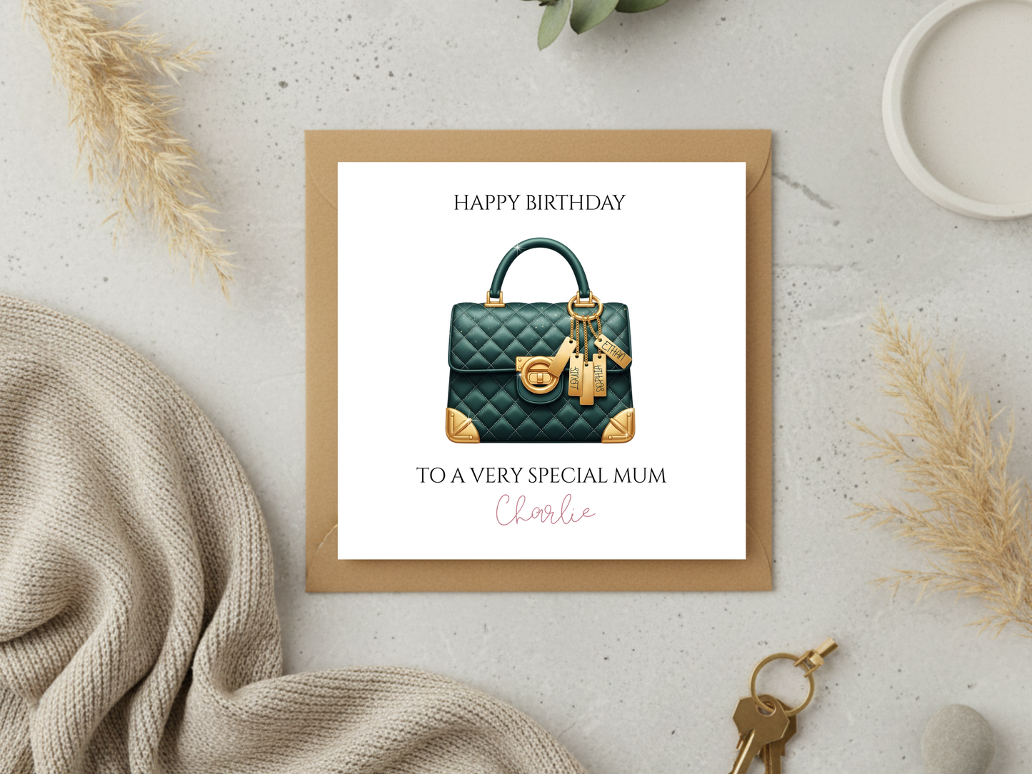 Luxury Handbag Birthday Card for Mum - Personalised Happy Birthday Card for Mom - Elegant Designer Style Bag Card from Daughter Son
