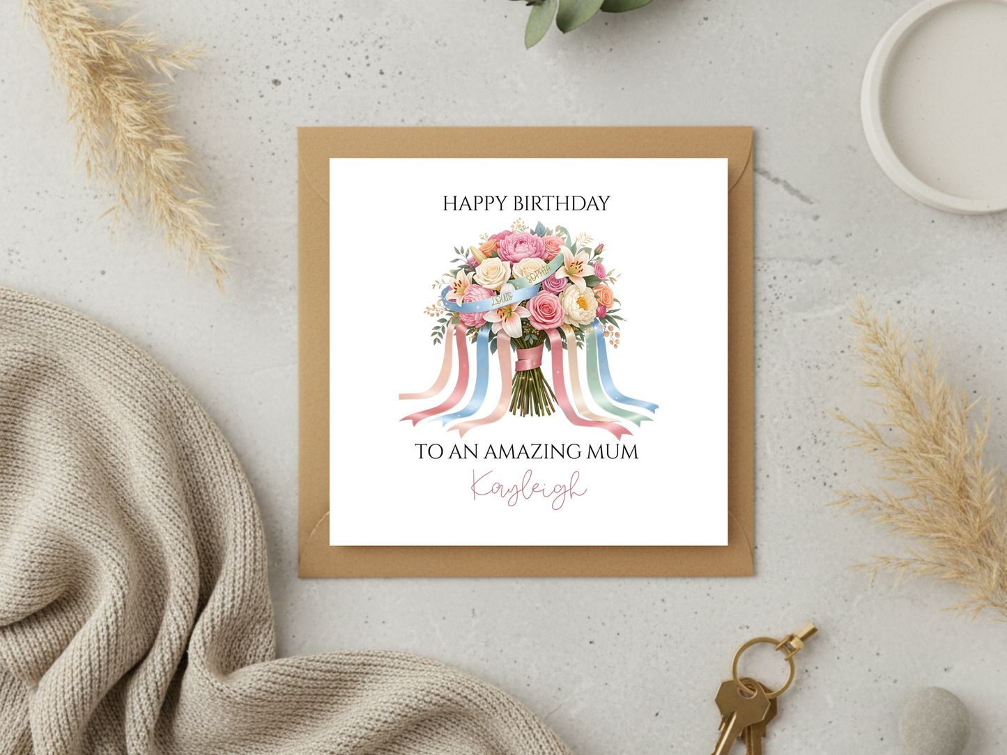 Personalised Birthday Card for Mum - Custom Floral Bouquet Card with Names - Happy Birthday Amazing Mum Gift - Elegant Greeting Card