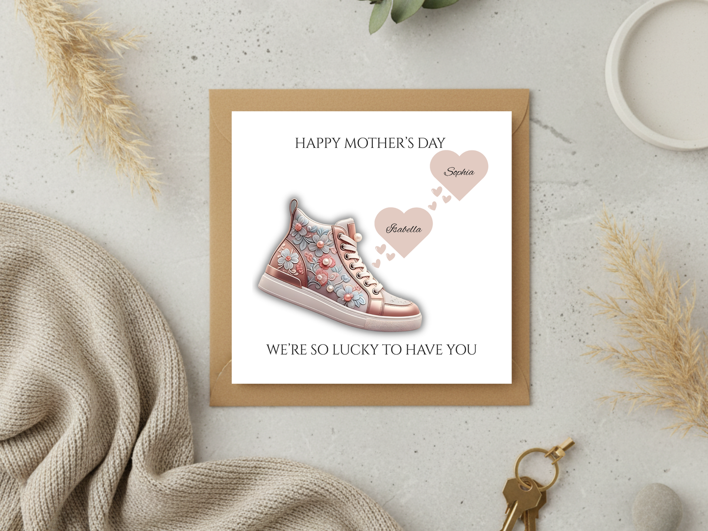 Personalised Mother’s Day Card from Kids - Custom Names Floral Trainer Design - Happy Mother’s Day Mum Card - Cute Modern Mum Keepsake