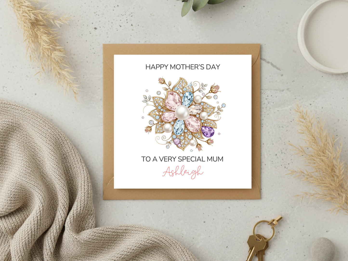 Personalised Mother’s Day Card for Mum - Custom Name Floral Gem Design Greeting Card - Elegant Luxury Mothers Day Card for Special Mum Gift