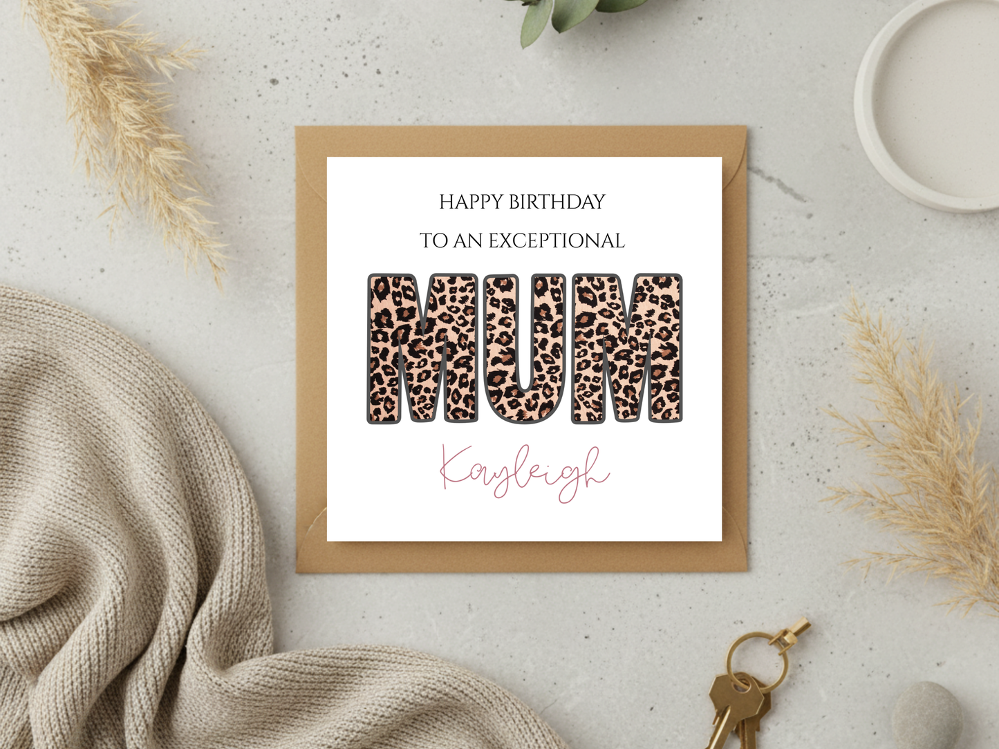 Personalised Leopard Print Mum Birthday Card - Custom Name Happy Birthday Mum Card - Stylish Animal Print Mother Birthday Greeting