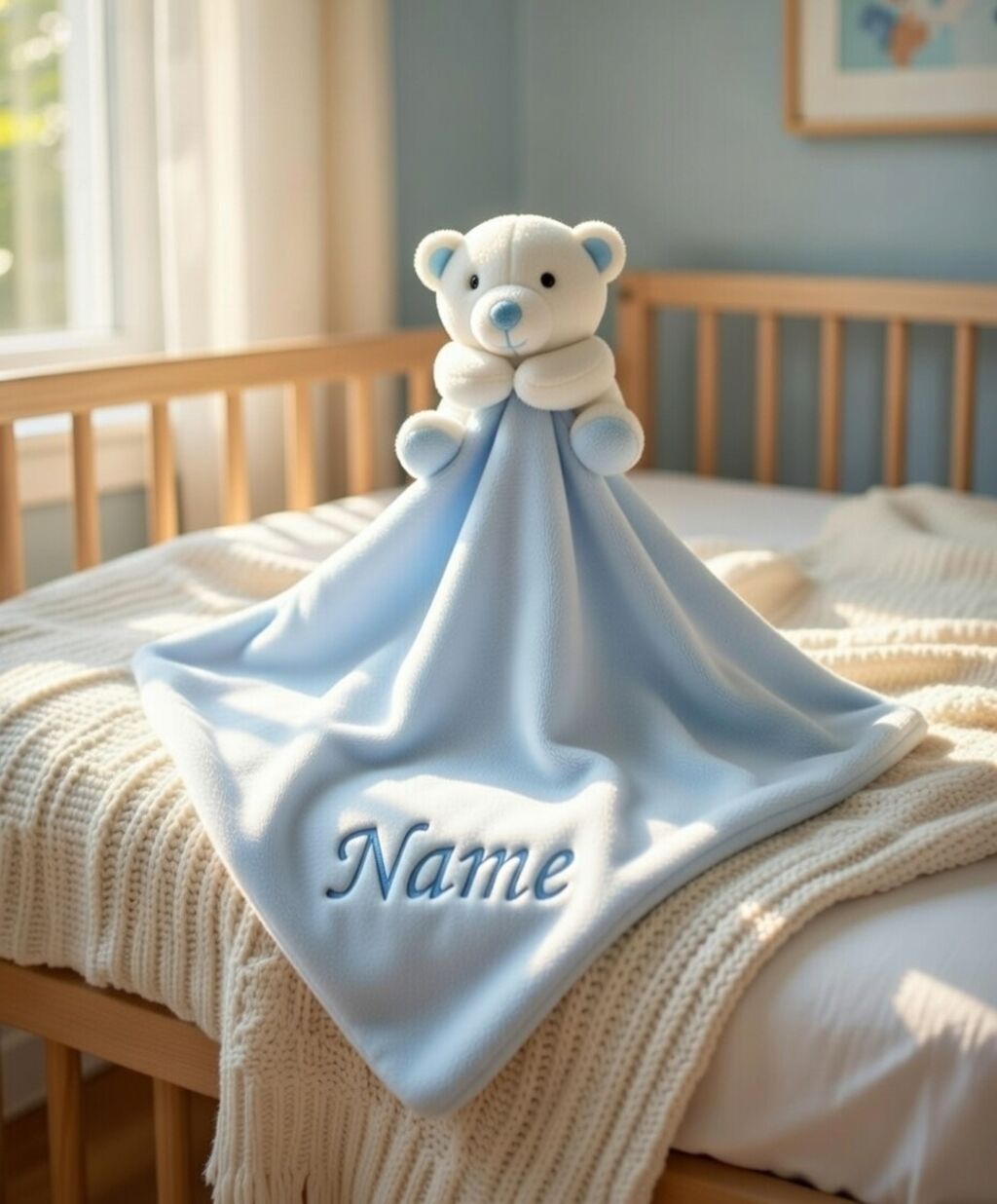 Custom Baby Plush Comforter Blanket with Rattle – Soft Blue Bear or Pink Rabbit Security Blanket Toy for Newborns & Toddlers | Double-Layer Comforter