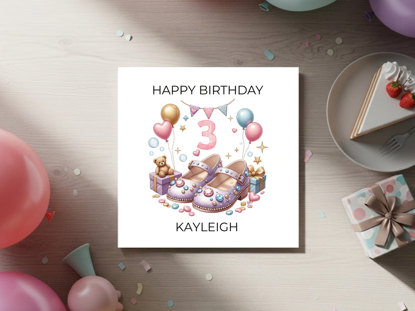 Personalised 3rd Birthday Greeting Card for Girl - Cute Shoes Illustration - Custom Name - Pink Pastel Balloons - Toddler Birthday Card