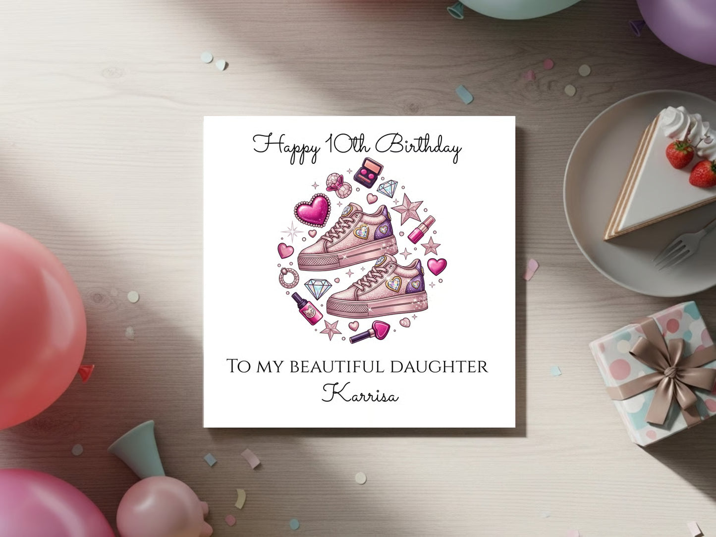 Personalised Birthday Card for Daughter - Custom Name Girls Birthday Card - Pink Fashion Sneakers Illustration - Tween Girl Birthday Keepsake