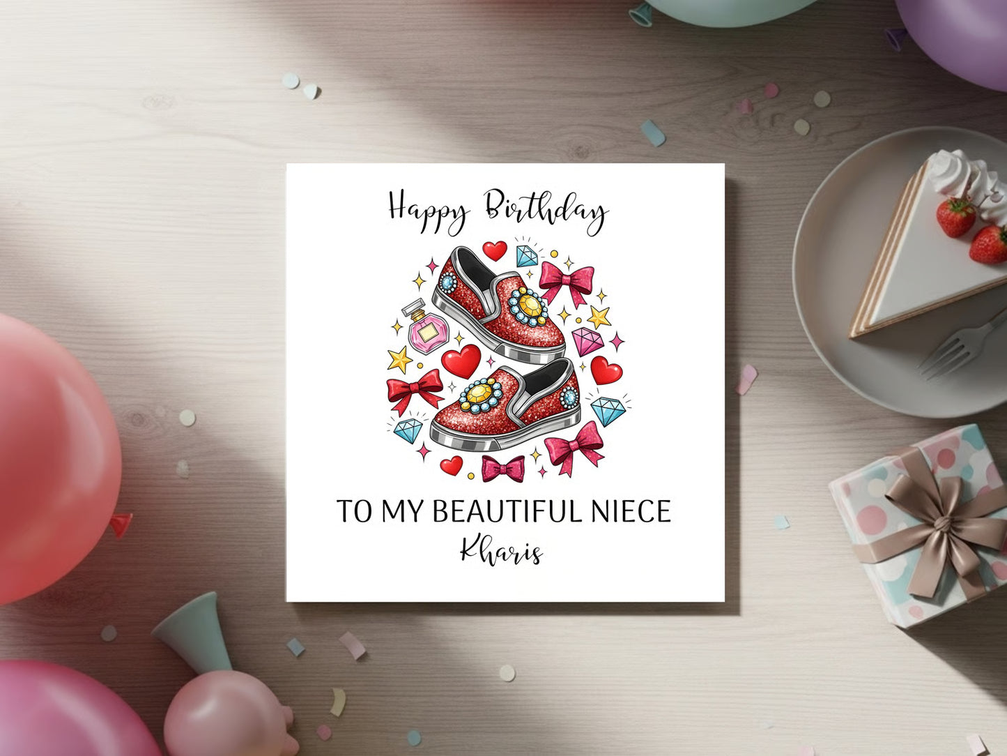 Personalised Birthday Card for Niece, Daughter, Cousin - Custom Name Girls Birthday Card with Red Sparkle Shoes - Cute Fashion Illustration Birthday Keepsake Gift