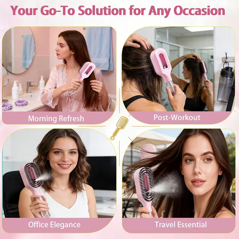 Hairbrush with Mist Spray Bottle – Tangle-Free Nylon Bristles Finishing Comb, ABS Handle with Water Reservoir