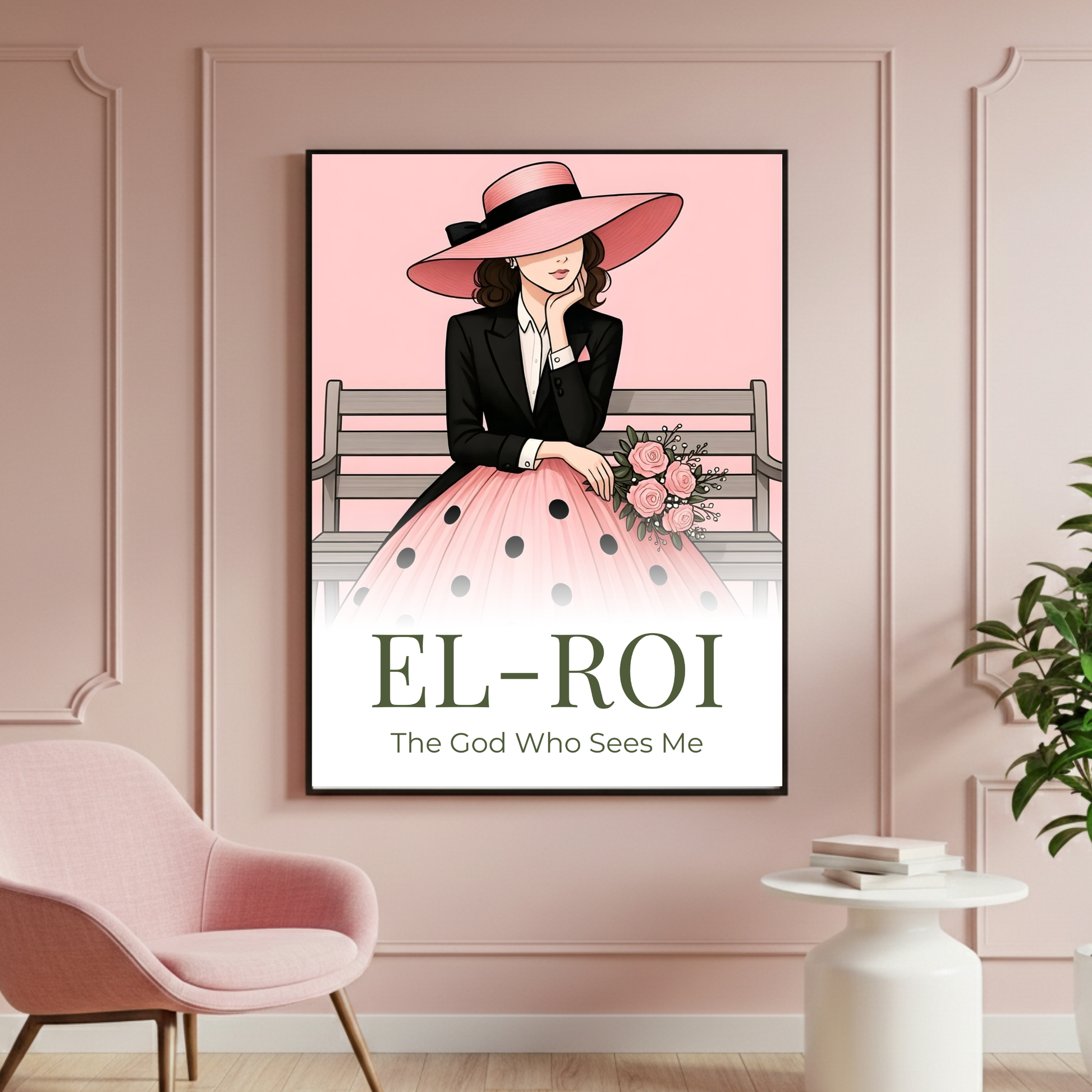 Framed artwork of a woman with a pink hat and polka dot dress on a pink wall, with 'EL-ROI' text.