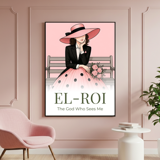 Framed artwork of a woman with a pink hat and polka dot dress on a pink wall, with 'EL-ROI' text.