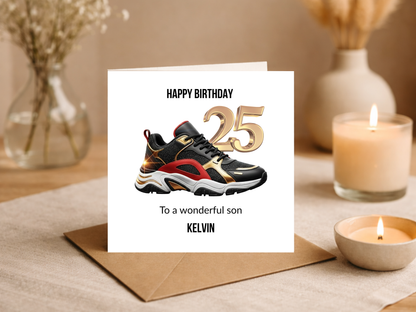 25th Birthday Card for Son Personalised with Name - Cool Sneaker Design - Happy 25 Birthday Greeting Card for Him - Modern Stylish Birthday Keepsake