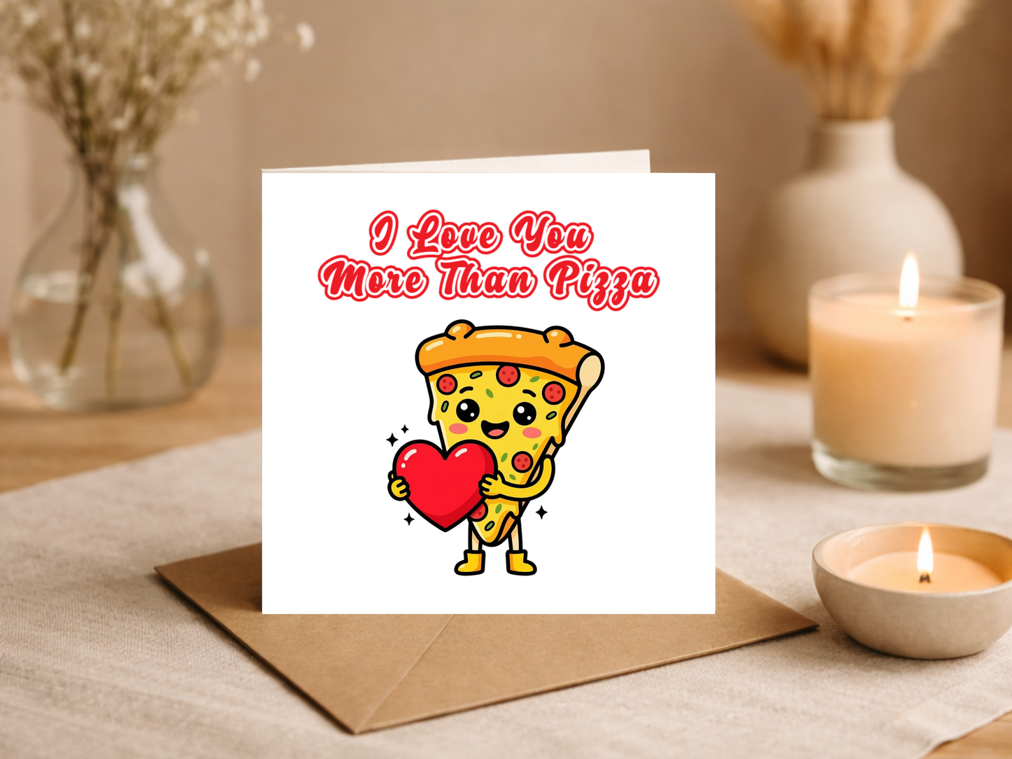 Funny Pizza Love Card – “I Love You More Than Pizza” – Cute Food-Themed Romantic Greeting Card – Valentine’s or Anniversary Card for Partner with Envelope