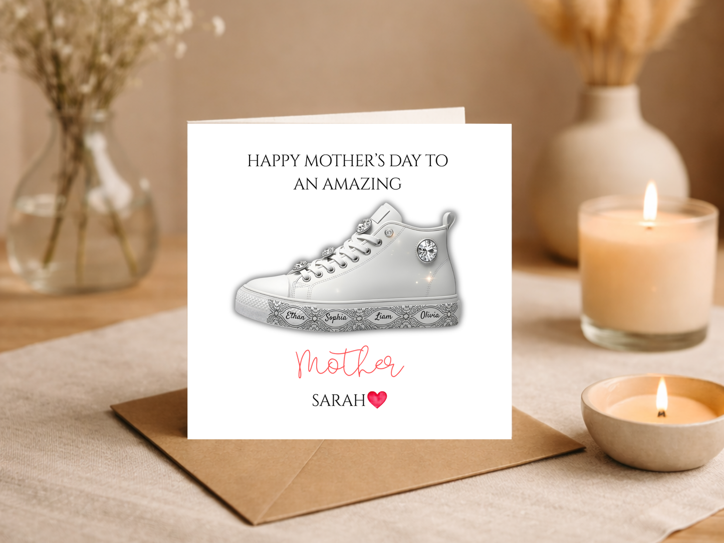 Personalised Mother’s Day Card with Custom Kids Names - Happy Mother’s Day to an Amazing Mother Card - Unique Sneaker Design for Mom