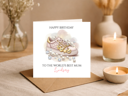 Personalised Birthday Card for Mum with Custom Kids Names - Happy Birthday to the World’s Best Mum Card - Pink Sneaker Design