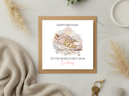 Personalised Birthday Card for Mum with Custom Kids Names - Happy Birthday to the World’s Best Mum Card - Pink Sneaker Design