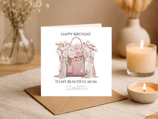 Personalised Birthday Card for Mum with Pink Designer Handbag and Roses - Elegant Luxury Happy Birthday Mum Card Custom Name Gift for Mother