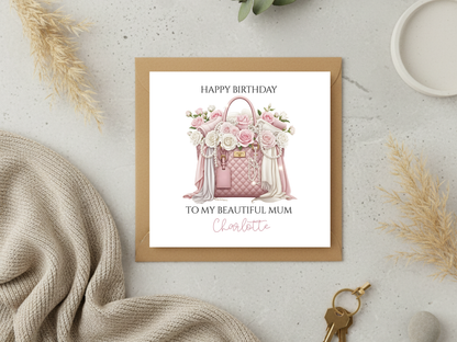 Personalised Birthday Card for Mum with Pink Designer Handbag and Roses - Elegant Luxury Happy Birthday Mum Card Custom Name Gift for Mother