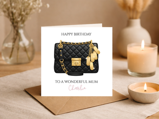 Handbag Birthday Card for Mum - Personalised Fashion Designer Bag Card for Her - Chic Glamorous Happy Birthday Mom Gift