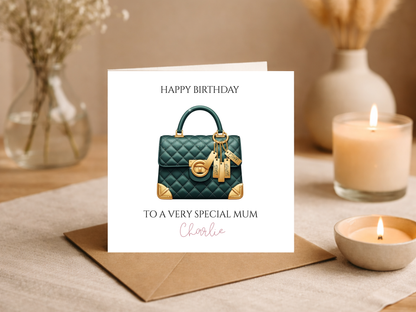 Luxury Handbag Birthday Card for Mum - Personalised Happy Birthday Card for Mom - Elegant Designer Style Bag Card from Daughter Son