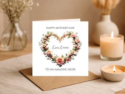 Personalised Mother's Day Card for Mum - Floral Heart Wreath Greeting Card - Custom Name Message - Elegant Happy Mothers Day Gift for Mom