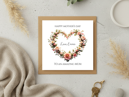 Personalised Mother's Day Card for Mum - Floral Heart Wreath Greeting Card - Custom Name Message - Elegant Happy Mothers Day Gift for Mom
