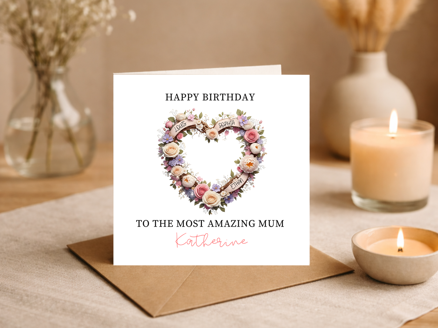 Personalised Birthday Card for Mum - Custom Name Floral Heart Card - Happy Birthday Mum Greeting - Elegant Flower Wreath Card for Mom Gift