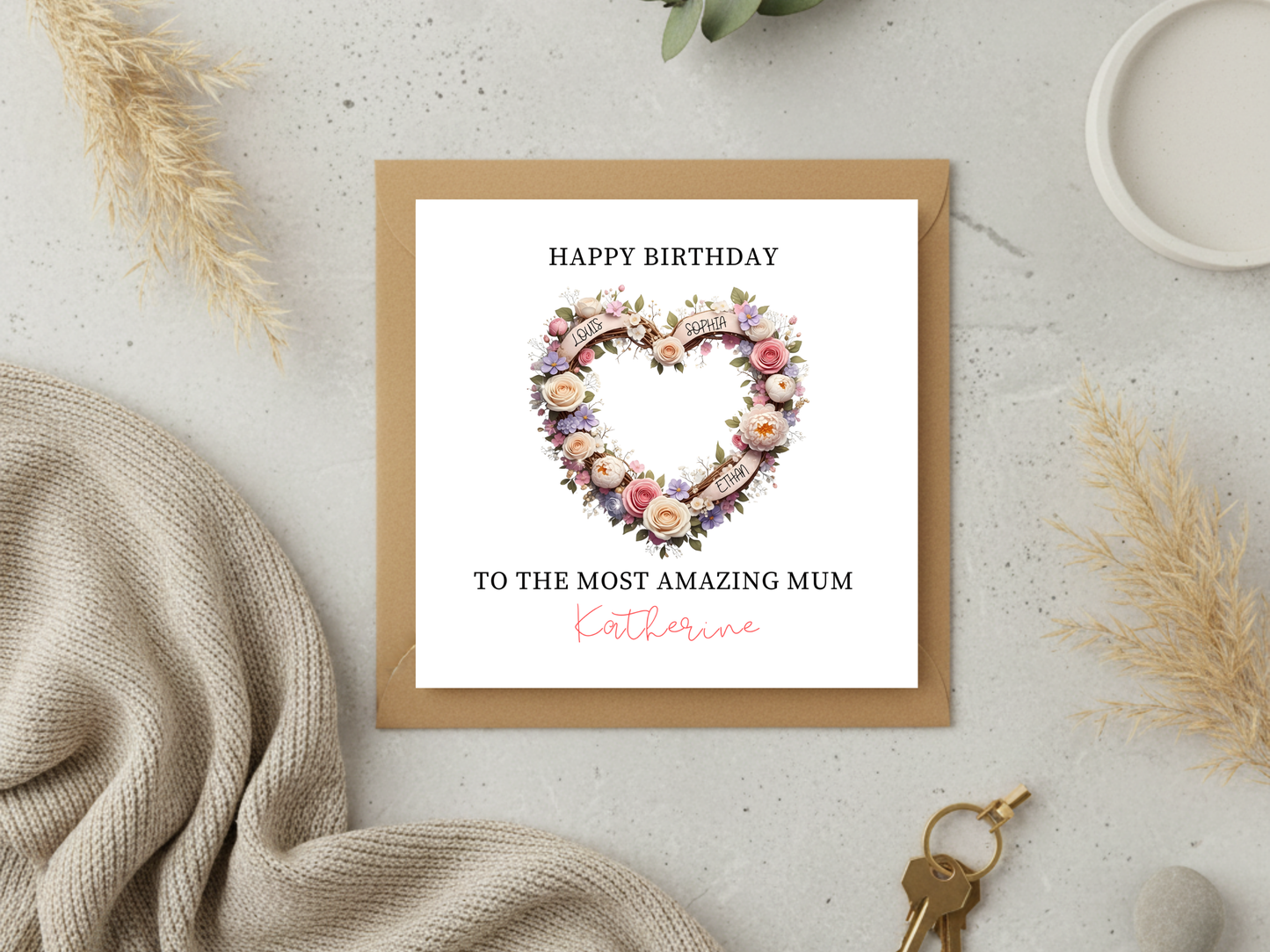 Personalised Birthday Card for Mum - Custom Name Floral Heart Card - Happy Birthday Mum Greeting - Elegant Flower Wreath Card for Mom Gift
