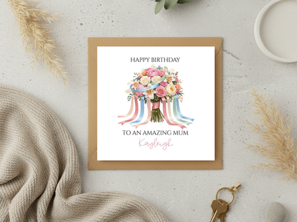 Personalised Birthday Card for Mum - Custom Floral Bouquet Card with Names - Happy Birthday Amazing Mum Gift - Elegant Greeting Card