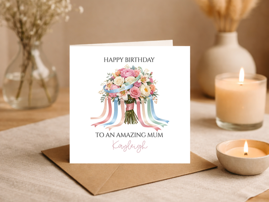 Personalised Birthday Card for Mum - Custom Floral Bouquet Card with Names - Happy Birthday Amazing Mum Gift - Elegant Greeting Card