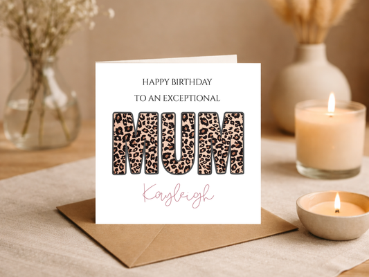 Personalised Leopard Print Mum Birthday Card - Custom Name Happy Birthday Mum Card - Stylish Animal Print Mother Birthday Greeting