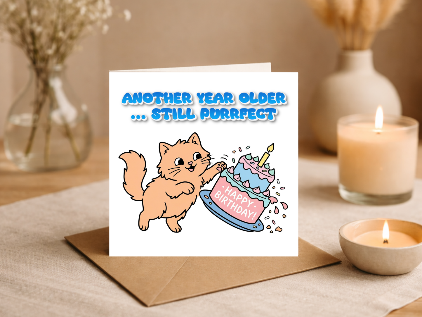 Funny Cat Birthday Card – “Another Year Older… Still Purrfect” – Cute Cat Lover Birthday Greeting Card with Envelope – Humorous Kitty Birthday Card