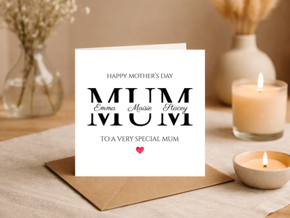 Personalised Mothers Day Card from Kids, Custom Mum Card with Children Names - Happy Mothers Day Mum - Special Mom Gift Card from Daughter Son