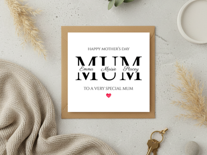 Personalised Mothers Day Card from Kids, Custom Mum Card with Children Names - Happy Mothers Day Mum - Special Mom Gift Card from Daughter Son