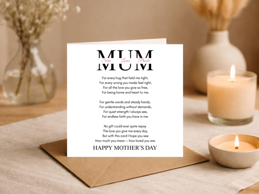 Personalised Mum Mother’s Day Card with Children Names - Custom Happy Mothers Day Poem Card from Kids - Elegant Minimalist Mom Greeting