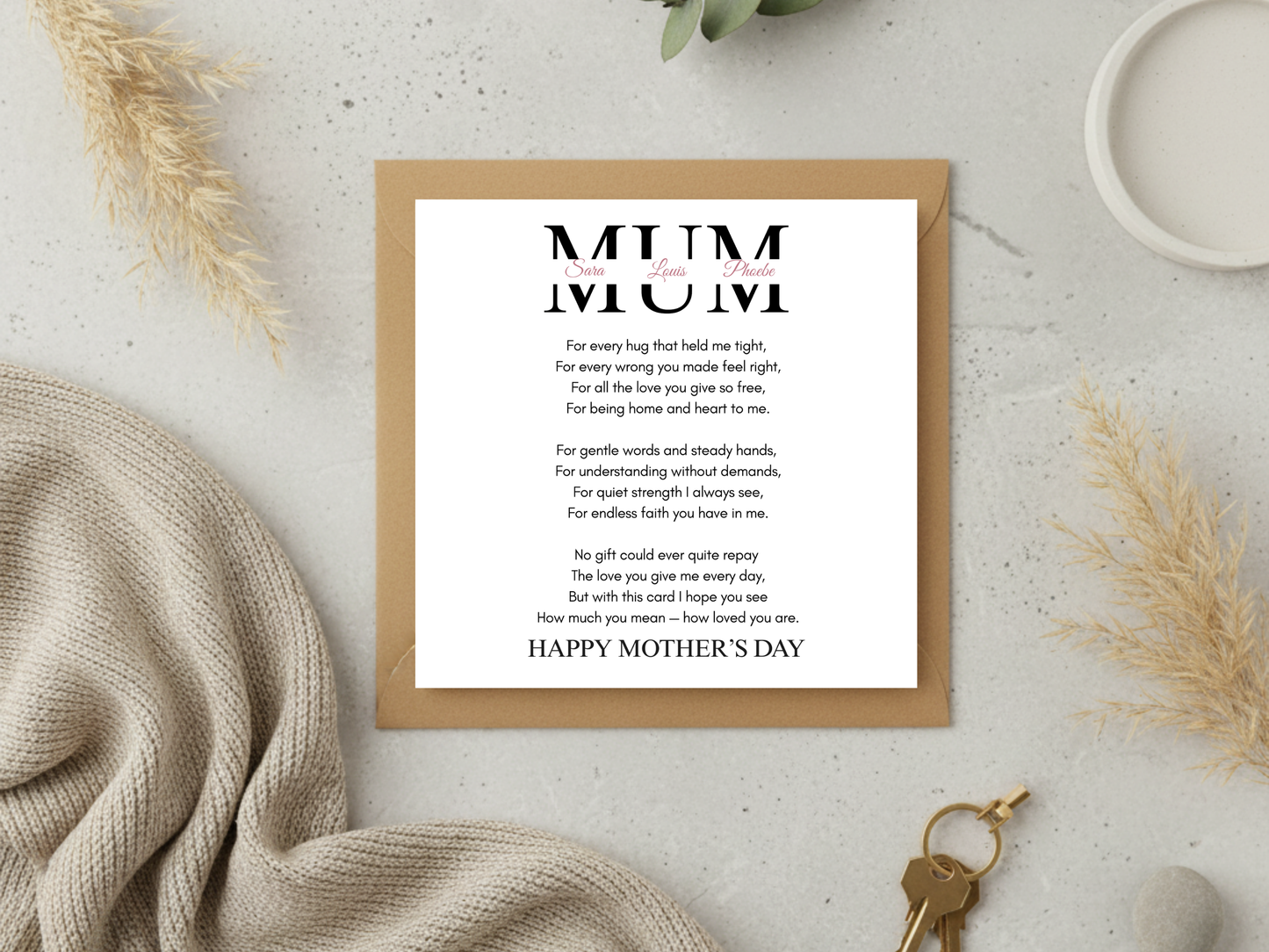 Personalised Mum Mother’s Day Card with Children Names - Custom Happy Mothers Day Poem Card from Kids - Elegant Minimalist Mom Greeting