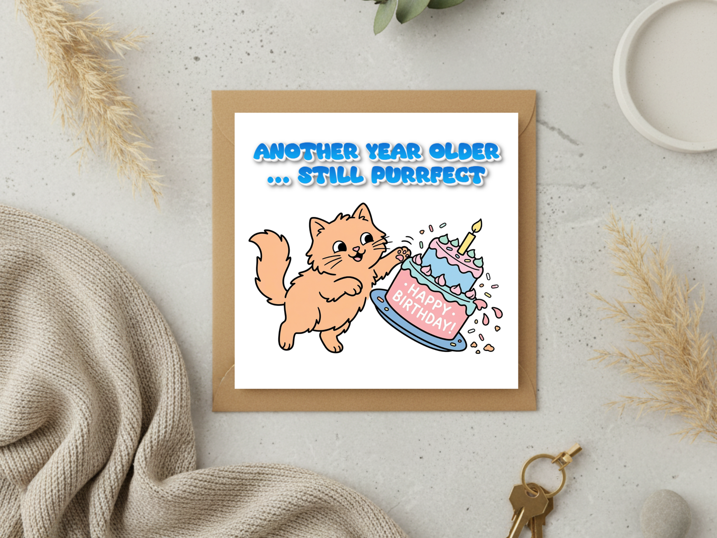 Funny Cat Birthday Card – “Another Year Older… Still Purrfect” – Cute Cat Lover Birthday Greeting Card with Envelope – Humorous Kitty Birthday Card