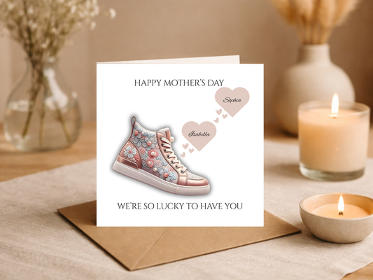 Personalised Mother’s Day Card from Kids - Custom Names Floral Trainer Design - Happy Mother’s Day Mum Card - Cute Modern Mum Keepsake