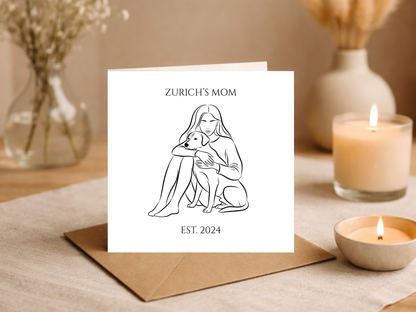 Personalised Dog Mom Card - Custom Pet Portrait Greeting Card with Name and Year Est - Minimalist Line Art Dog Lover Gift