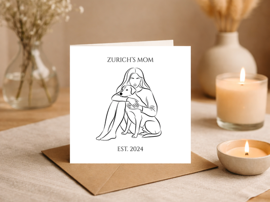 Personalised Dog Mom Card - Custom Pet Portrait Greeting Card with Name and Year Est - Minimalist Line Art Dog Lover Gift