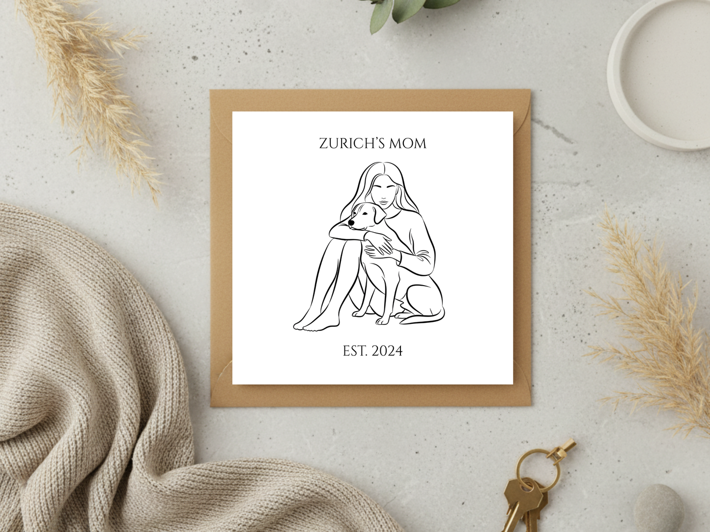 Personalised Dog Mom Card - Custom Pet Portrait Greeting Card with Name and Year Est - Minimalist Line Art Dog Lover Gift