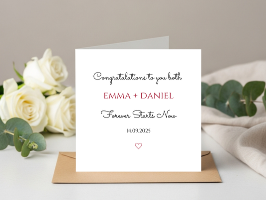Personalised Wedding Congratulations Card Custom Names and Date - Elegant Forever Starts Now Card for Bride and Groom Keepsake