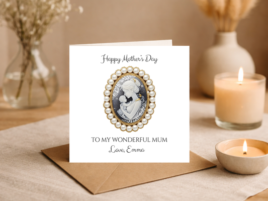 Personalised Mother’s Day Card for Mum - Elegant Cameo Mother and Baby Design - Custom Name Mothers Day Card - Sentimental Keepsake for Mum