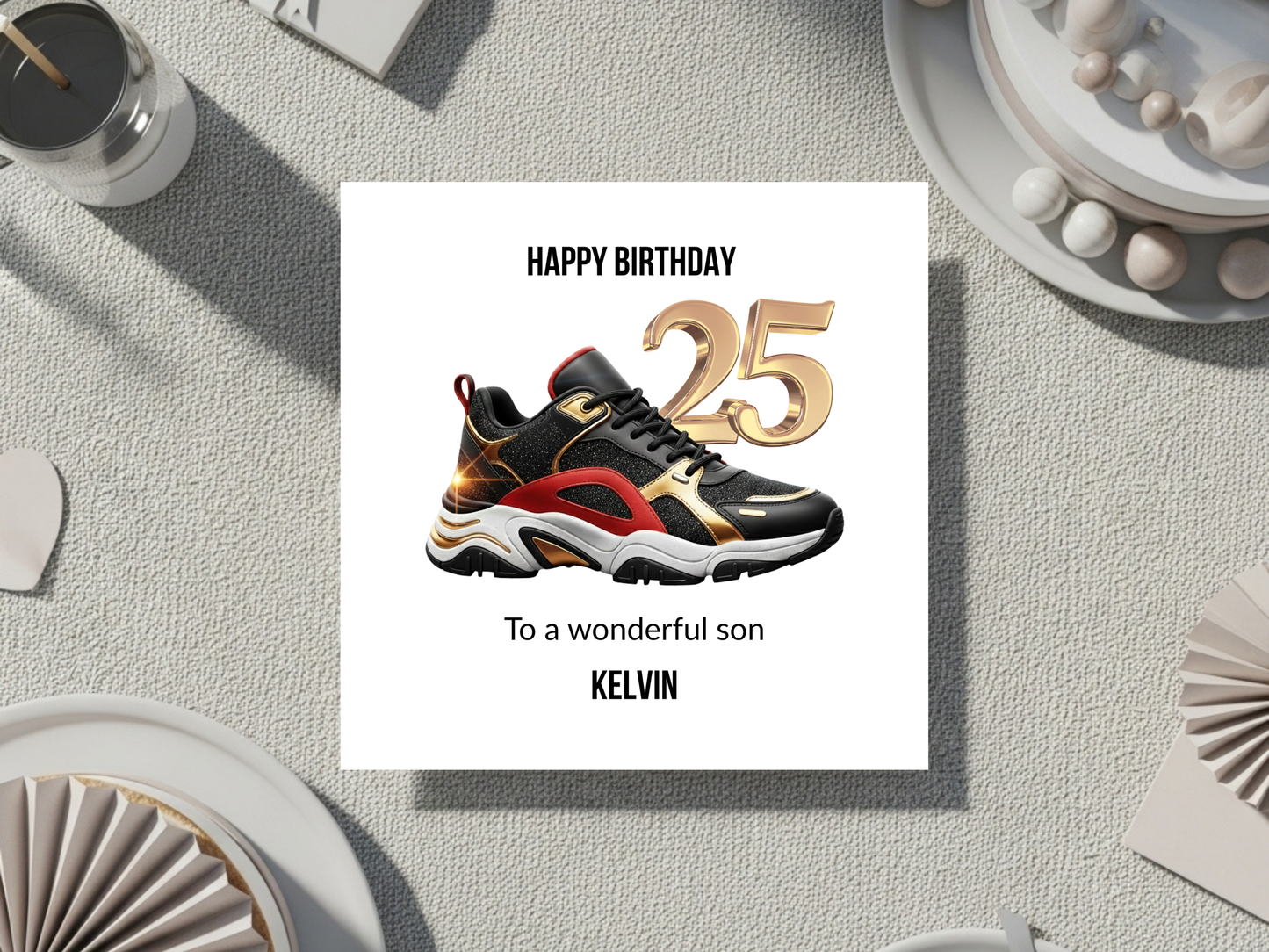 25th Birthday Card for Son Personalised with Name - Cool Sneaker Design - Happy 25 Birthday Greeting Card for Him - Modern Stylish Birthday Keepsake