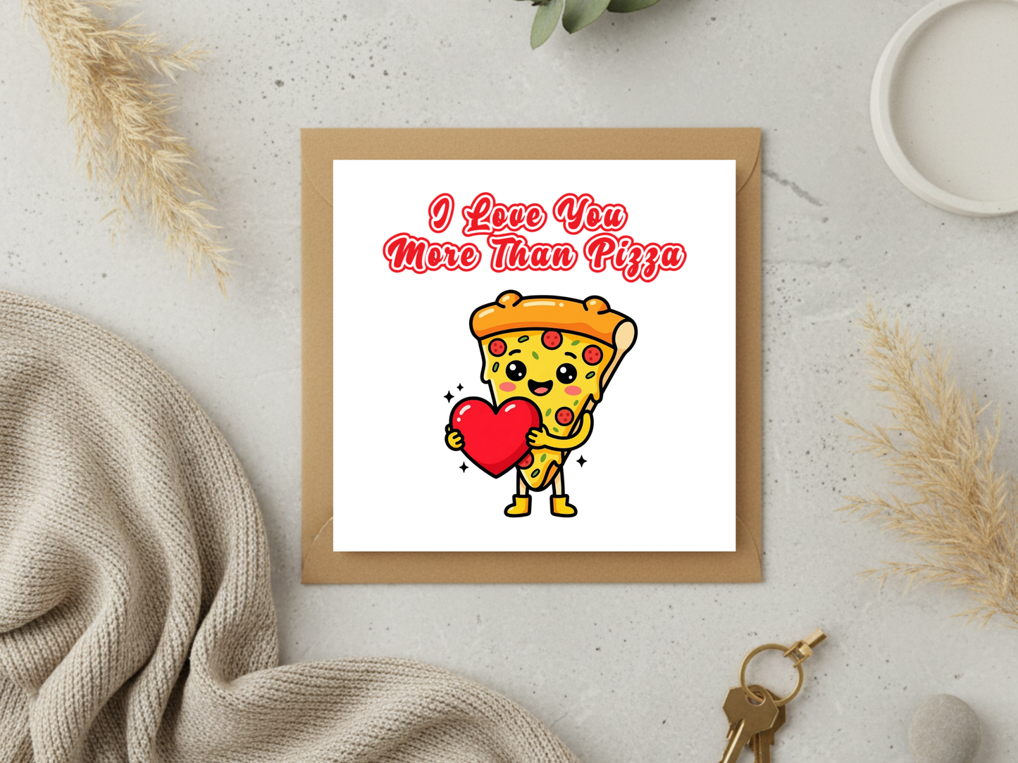 Funny Pizza Love Card – “I Love You More Than Pizza” – Cute Food-Themed Romantic Greeting Card – Valentine’s or Anniversary Card for Partner with Envelope