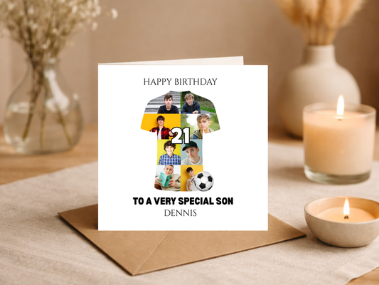 Personalised Football Birthday Card with Photo Collage Shirt - Custom Any Number - Birthday Card for Son Daughter Niece Nephew
