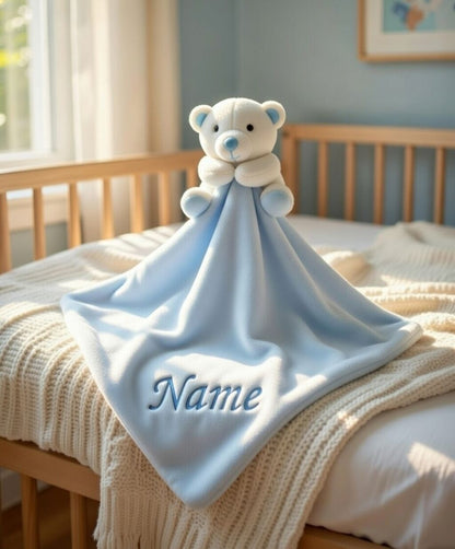 Custom Baby Plush Comforter Blanket with Rattle – Soft Blue Bear or Pink Rabbit Security Blanket Toy for Newborns & Toddlers | Double-Layer Comforter