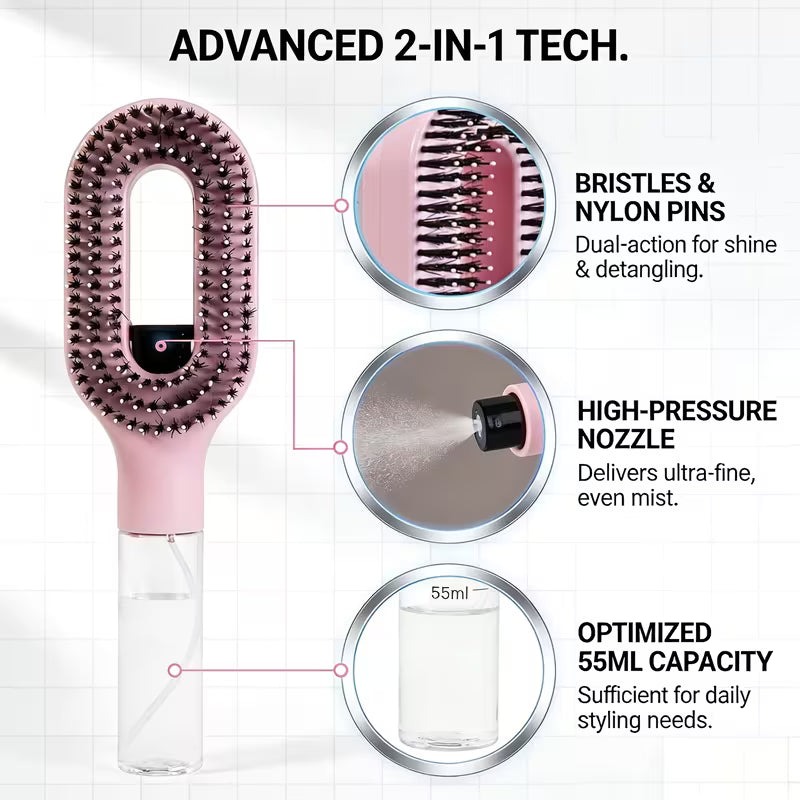 Hairbrush with Mist Spray Bottle – Tangle-Free Nylon Bristles Finishing Comb, ABS Handle with Water Reservoir
