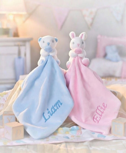 Custom Baby Plush Comforter Blanket with Rattle – Soft Blue Bear or Pink Rabbit Security Blanket Toy for Newborns & Toddlers | Double-Layer Comforter