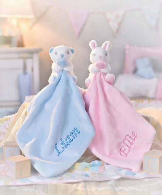 Custom Baby Plush Comforter Blanket with Rattle – Soft Blue Bear or Pink Rabbit Security Blanket Toy for Newborns & Toddlers | Double-Layer Comforter