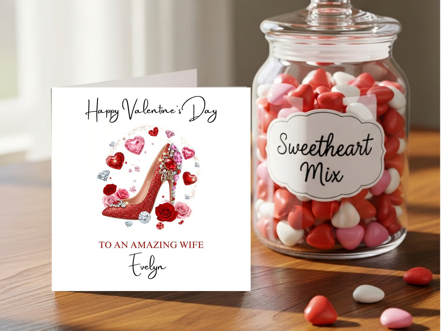 Personalised Valentine’s Day Card for Wife - Romantic Greeting Card with Red Heel, Hearts & Roses