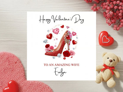 Personalised Valentine’s Day Card for Wife - Romantic Greeting Card with Red Heel, Hearts & Roses
